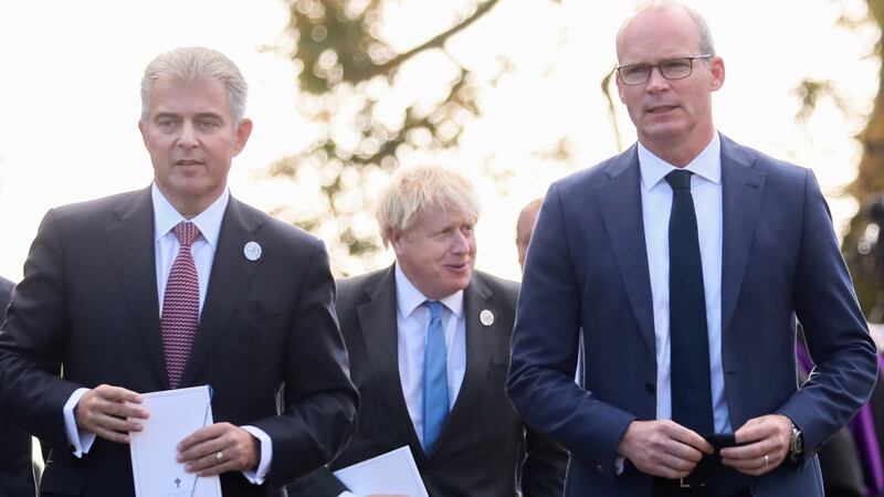 Secretary of State for Northern Ireland Brandon Lewis, UK prime minister Boris Johnson and Minister for Foreign Affairs Simon Coveney  at the service to mark the formation of Northern Ireland at St Patrick’s Church of Ireland Cathedral in Armagh. Photograph: Press Eye