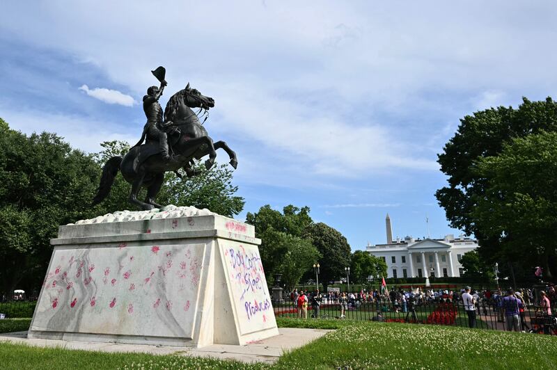 Red handprints left by pro-Palestinian demonstrators on the base of a statue of Andrew Jackson near the White House in Washington on June 8th. Photograph: Mandel Ngan/AFP via Getty Images