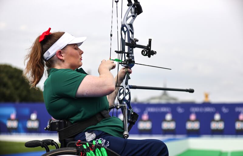 Ireland’s Kerrie Leonard competing in the Individual Compound Open Ranking Round at the 2024 Paralympics, 29/8/2024. ©INPHO/Tom Maher