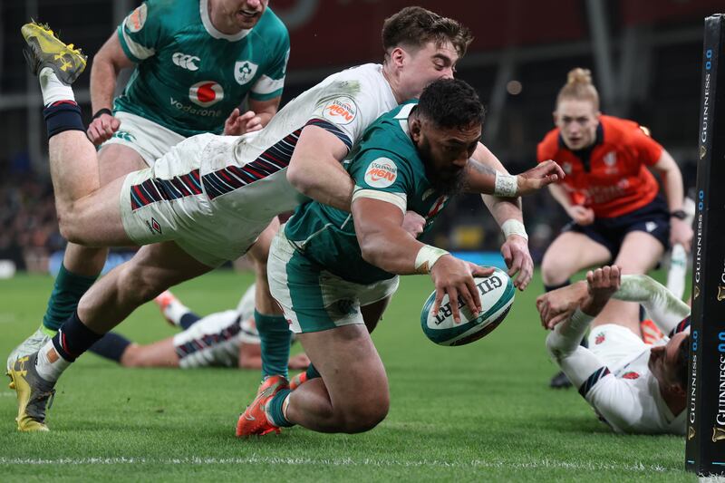 Ireland's Bundee Aki scored a try against England. Photograph: Billy Stickland/Inpho