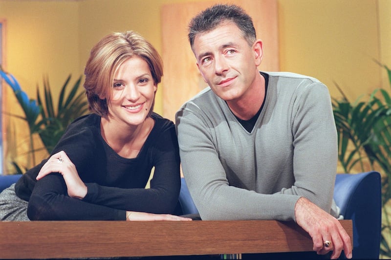 First ‘Ireland AM’ presenters Amanda Byram and Mark Cagney on set in 1999. Photograph: Frank Miller