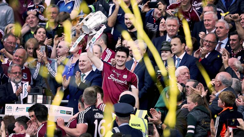 Galway captain David Burke lifts the Liam MacCarthy Cup after the 2017 final. Photograph: Tommy Dickson/Inpho