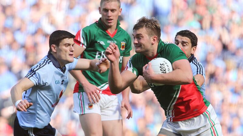 Dublin’s Diarmuid Connolly and Bernard Brogan tackle Mayo’s Aidan O’Shea during the 2012 All-Ireland semi-final. Photograph: Lorraine O’Sullivan/Inpho