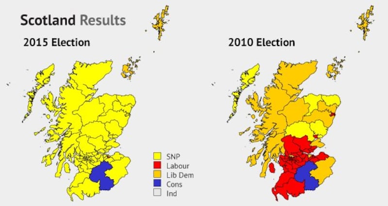 A graphic showing the change in seats won in the 2010 and the 2015 UK elections.  Graphic: Irish Times Studio