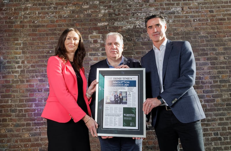 Dr Siobhan Roche of Research Ireland with CergenX chief technical officer Sean Griffin and CEO Jason Mowles. Photograph: Conor McCabe