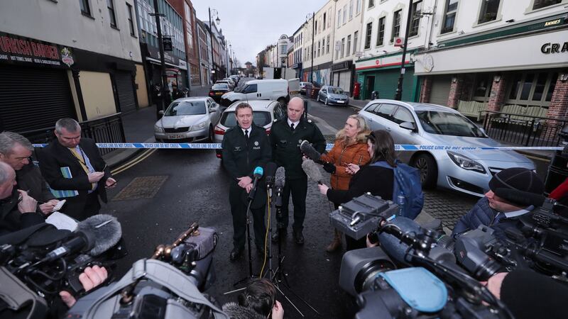 PSNI Supt Gordon McCalmont (left) and Assistant Chief Constable Mark Hamilton speak to the media on Sunday near the scene of a car bomb blast on Bishop Street in Derry. Photograph: Niall Carson/PA Wire