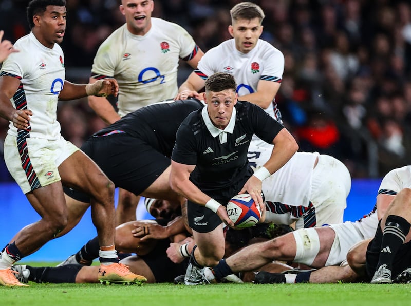 New Zealand's Cameron Roigard in action during the win over England at Twickenham. Prior to the quarter-final against Ireland last year, New Zealand had the fastest ruck speed of all teams at thr World Cup. Photograph: James Crombie/Inpho 