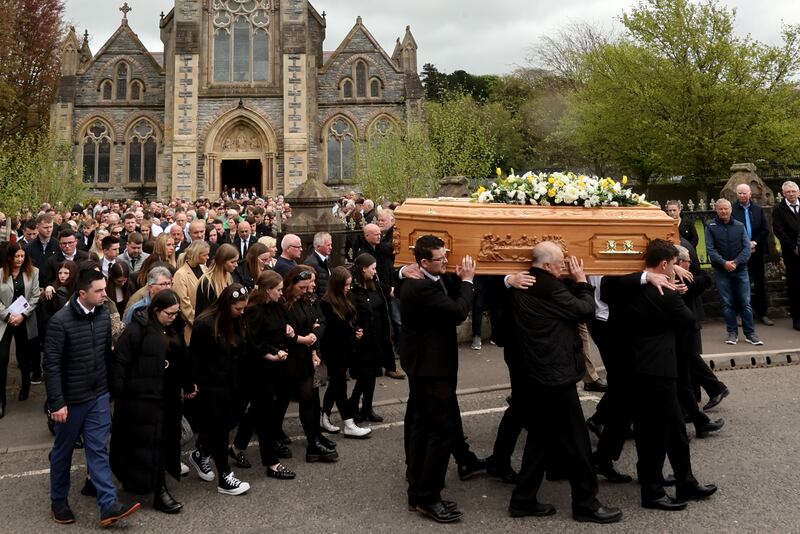 Mourners follow the coffins of Dan and Christine following the funeral mass in Strabane on Monday. Photograph: Liam McBurney/PA Wire