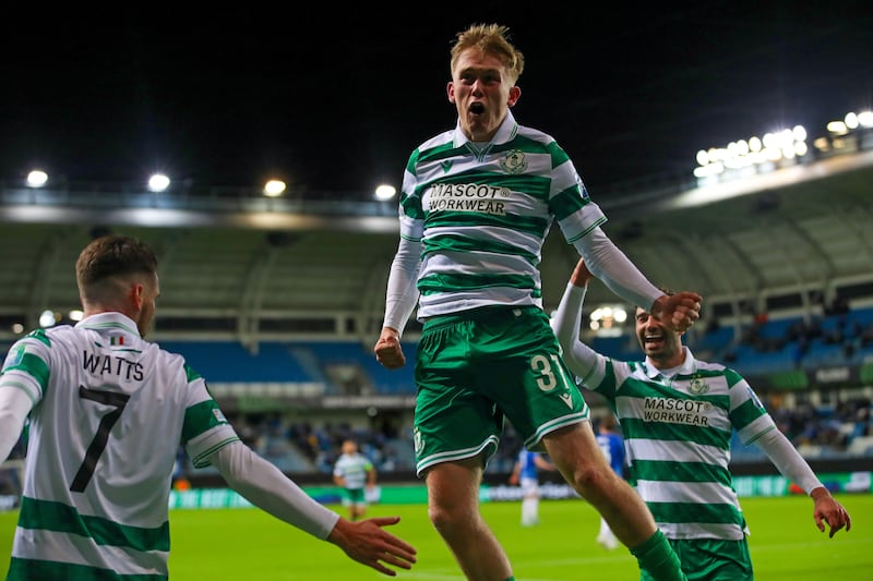 Shamrock Rovers' Michael Noonan celebrates after scoring a goal against Molde in the Uefa Conference League knockout playoff first leg, at Aker Stadion, Molde, Norway, this week. Photograph: Ryan Byrne/Inpho