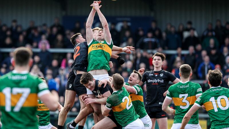 Armagh and Kerry players compete for the ball  during the Allianz Football League Division One game at the Athletic Grounds. Photograph: Philip Magowan/Inpho