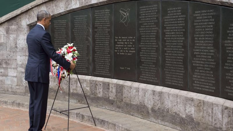 US resident Barack Obama lays a wreath at the Memorial Park in Nairobi on Saturday, commemorating the August 7th, 1998 bombing of the US Embassy, which killed more than 218 Americans and Kenyans, and injured more than 5,000 people. Photograph: AFP