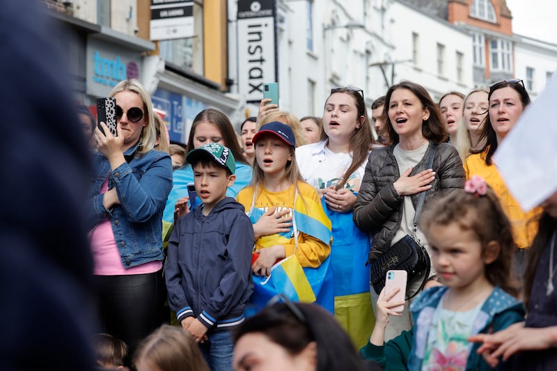 The trio led the crowd in singing the Ukrainian national anthem and prompted a singalong. Photograph: Alan Betson

