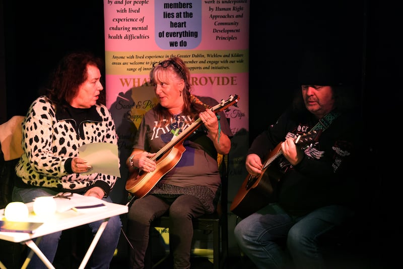 Ann Killian, Mags O'Sullivan and Bren O’Doherty perform as Gateway peer-to-peer mental health  group launch their book, Straight From Our Heart, a compilation of art, music, poetry and prose, at New Theatre, Temple Bar, Dublin. Photograph: Dara Mac Dónaill/The Irish Times







