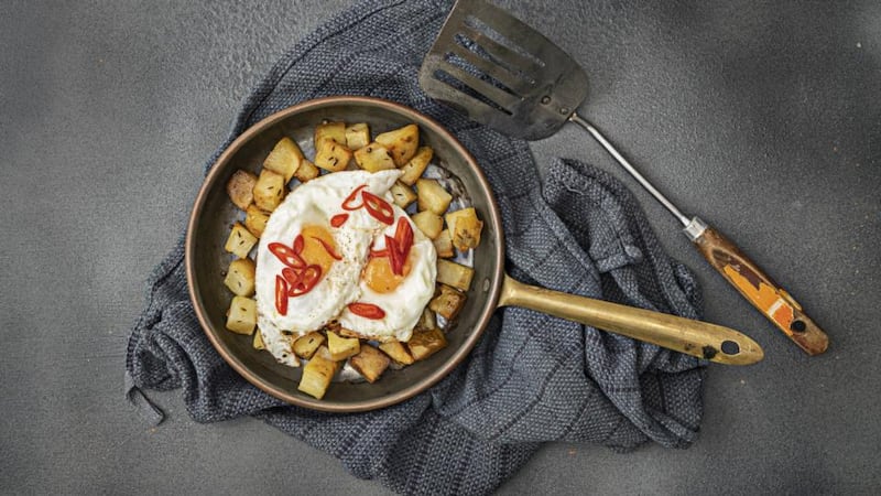 Potato tarka, chilli fried egg