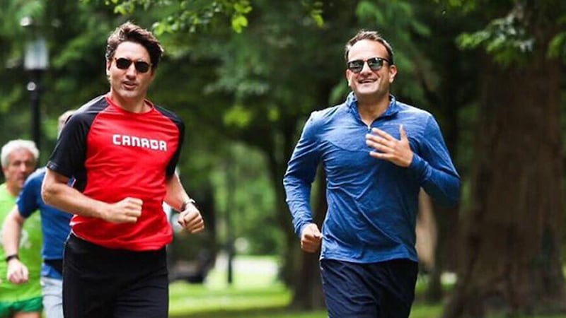 Political run: Leo Varadkar jogging with Canadian prime minister Justin Trudeau in Phoenix Park, in Dublin, in 2017. Photograph: Leo Varadkar/Twitter