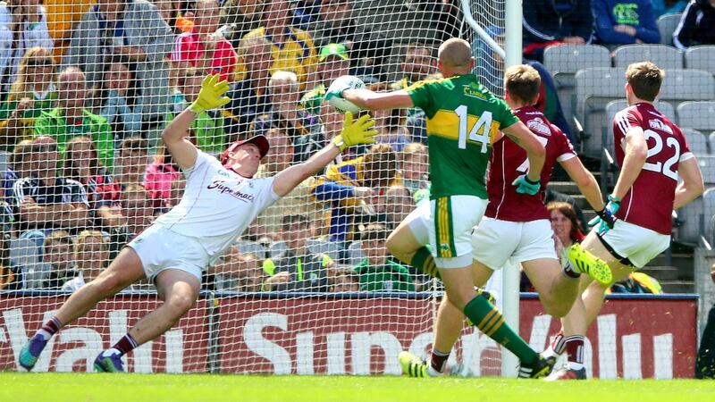 Kieran Donaghy scores his side’s opening goal against Galway in the quarter-finals. Photograph: James Crombie/Inpho