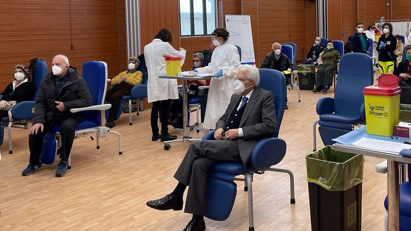 Italian president Sergio Mattarella (C) at Spallanzani hospital waiting to be vaccinated   in Rome  on Tuesday. Photograph: Quirinale/EPA