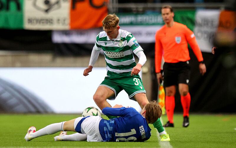 Molde’s Halldor Stenevik and Michael Noonan of Rovers. Photograph: Ryan Byrne/Inpho