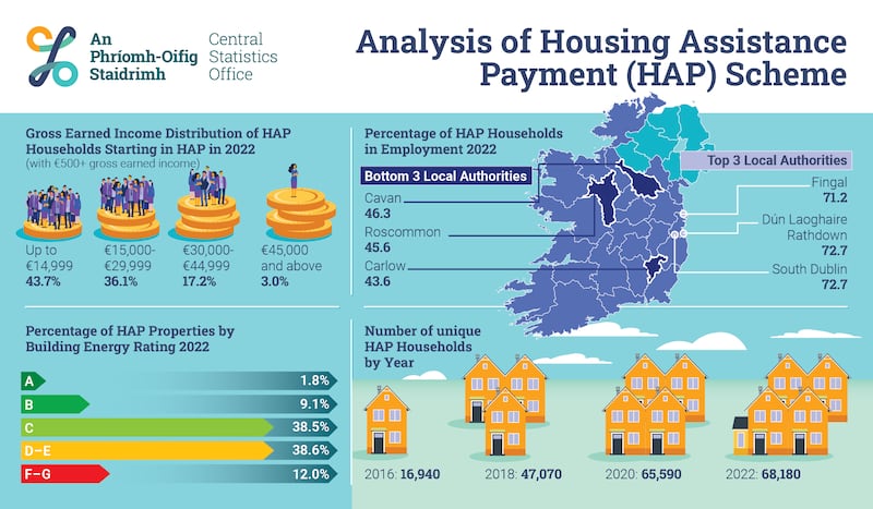 Social Housing in Ireland 2022 - Analysis of Housing Assistance Payment (HAP) Scheme. Graphic: Central Statistics Office