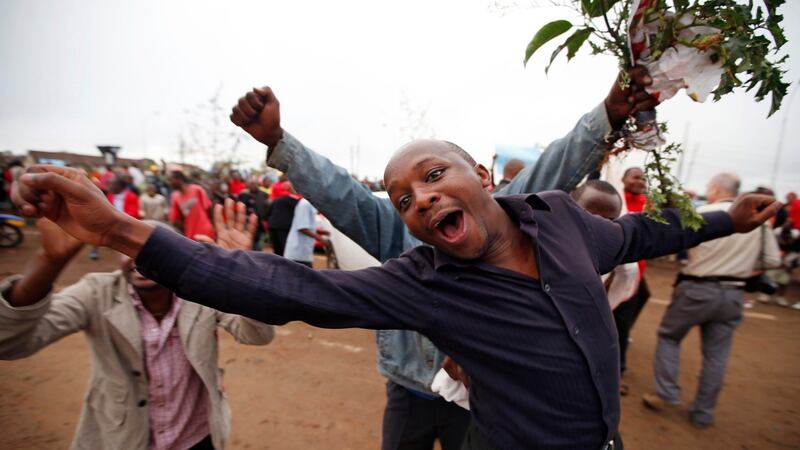 Supporters of Kenyan presidential candidate Uhuru Kenyatta celebrate on the outskirts of Nairobi. Photograph: Goran Tomasevic/Reuters