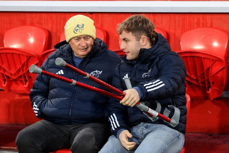 Munster performance consultant Chris Boyd and Craig Casey at  Thomond Park, Limerick, for the game against Saracens on January 11th, 2025. Photograph: Dan Sheridan/Inpho 