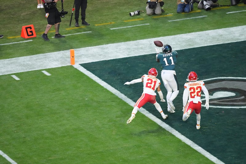 Philadelphia Eagles wide receiver AJ Brown catches a touchdown pass  during the second quarter of Super Bowl LVII against Kansas City Chiefs in 2023. Photograph: AJ Mast/The New York Times