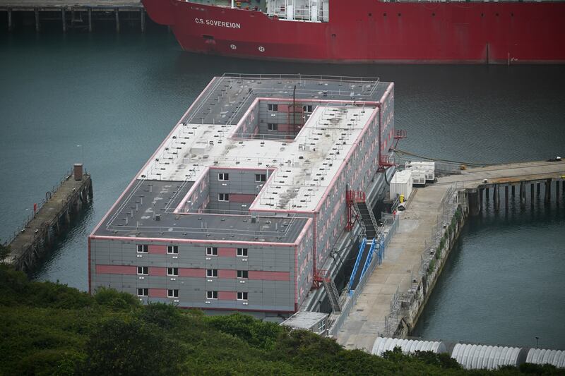 The deserted Bibby Stockholm immigration barge at Portland Port in England. Photograph: Finnbarr Webster/Getty Images News