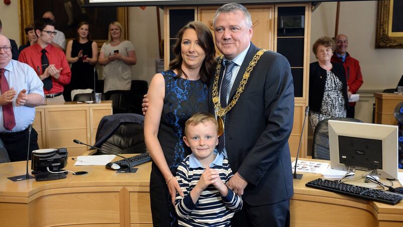 Cllr Brendan Carr the new Lord Mayor of Dublin, pictured with his son Jason (7), and wife Suzanne, following his election, at City Hall. Photograph: Eric Luke / The Irish Times