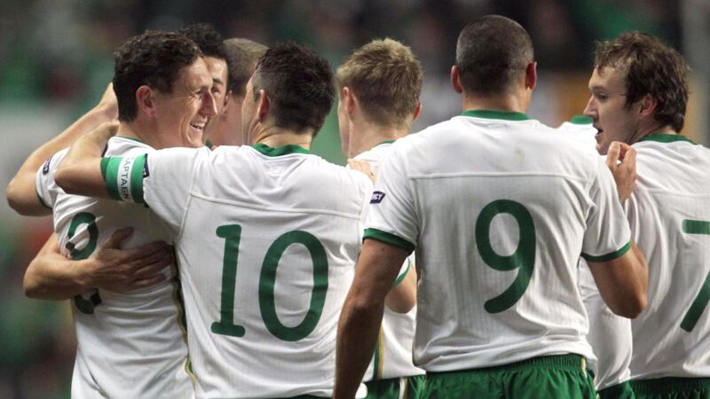 2011: Players celebrate the first goal, from Keith Andrews, in Tallinn. Photograph: Donall Farmer