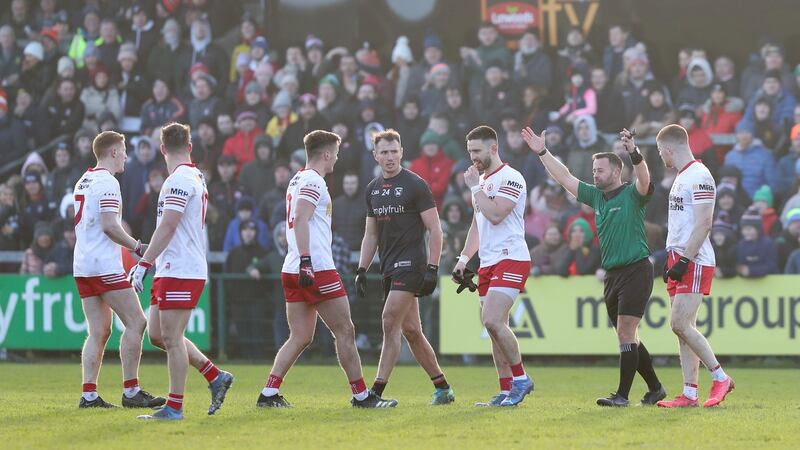 Four Tyrone players are shown a red card for their involvement in a scuffle of their own in the league. Photograph: Philip Magowan/Inpho