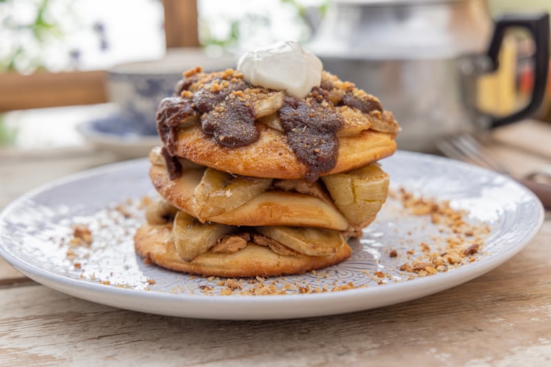 Fluffy vegan pancakes with banana and hazelnut. Photograph: Harry Weir