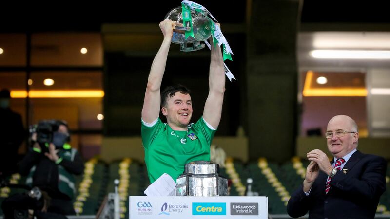 Limerick captain  Declan Hannon lifts the Liam MacCarthy Cup after the victory over Waterford in the All-Ireland SHC Final at Croke Park. Photograph: Ryan Byrne/Inpho