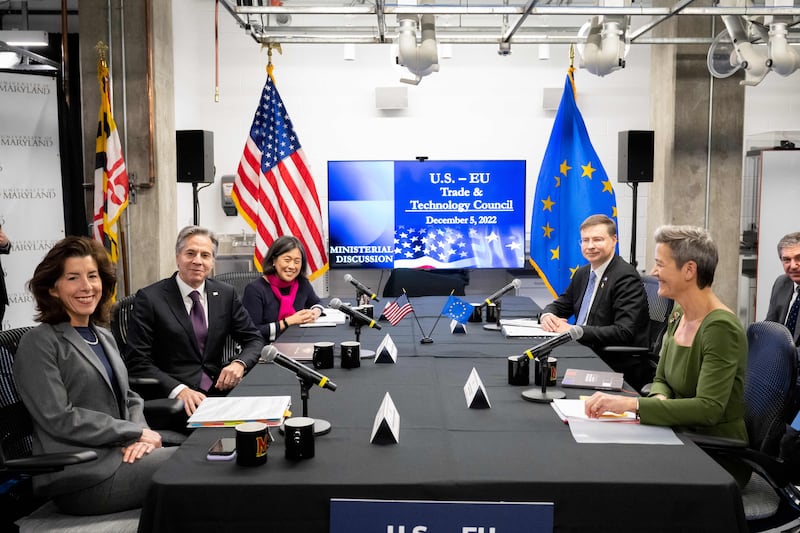 US secretary of commerce Gina Raimondo, US secretary of state Antony Blinken, and US trade representative Katherine Tai meet European Commission executive vice-president Valdis Dombrovskis and European Commission executive vice-president Margrethe Vestager at the University of Maryland in College Park, December 5th, 2022. Photograph: Saul Loeb/AFP via Getty