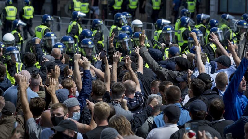 Nationalist rhetoric appears to be now far more intense in the UK than in the Irish case. Above, far-right groups protest against the daubing of graffiti branding Winston Churchill a racist in London. Photograph: Richard Baker/In Pictures via Getty