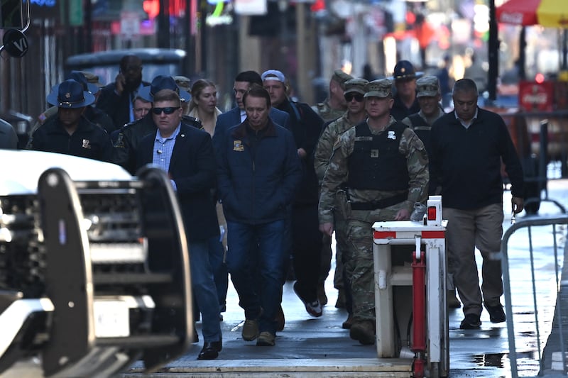 Louisiana governor Jeff Landry (centre) inspects Bourbon Street in the French Quarter of New Orleans, Louisiana, after a pickup truck was driven into crowds the previous morning. Photograph: Andrew Caballero-Reynolds/AFP/Getty 