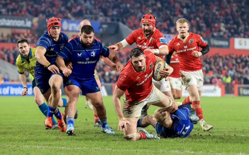 Munster’s Tom Ahern scoring a try against Leinster in Thomond Park on December 27th, 2024. Photograph: Dan Sheridan/Inpho