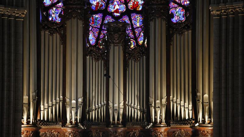 There are fears about the fate of the extraordinary three “rose” stained glass windows in Notre Dame cathedral and the master organ. Photograph: Godong/Universal Images Group via Getty Images