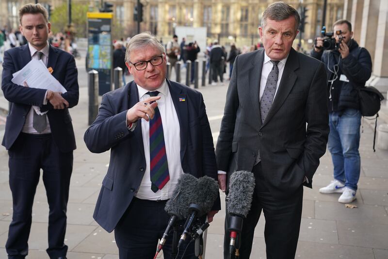 European Research Group chair Mark Francois, and deputy chair David Jones, speak to the media in Westminster. Photograph: Lucy North/PA Wire