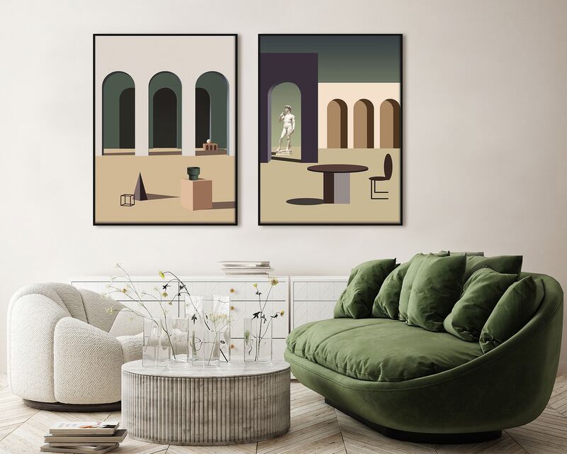 Using artwork for decor in a room setting with a green sofa from Julianne Kelly Interiors