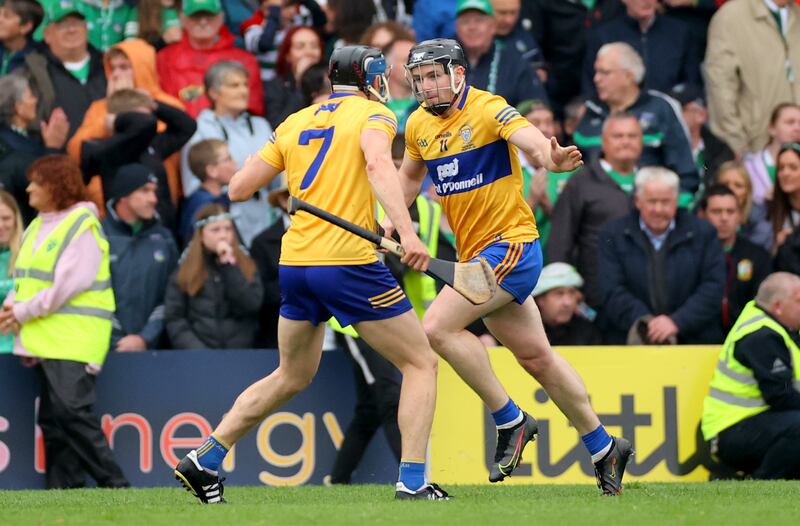 Clare’s Tony Kelly celebrates scoring a point to send the 2022 Munster hurling final to extra time. Photograph: James Crombie/Inpho