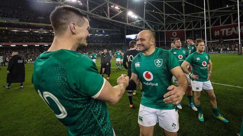 Rory Best and Johnny Sexton celebrate Ireland’s win over New Zealand at the Aviva Stadium in November 2018. Photograph: Billy Stickland/Inpho