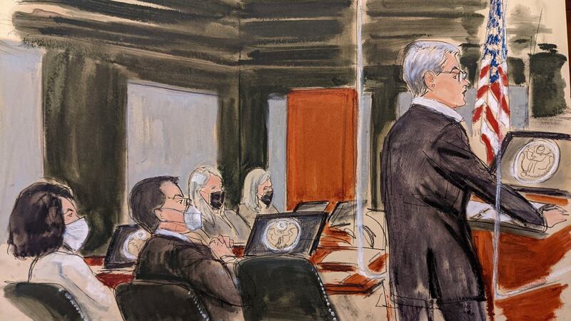 Lead defence attorney Bobbi Sternheim (far right) gives an opening statement while Ghislaine Maxwell (far left) listens  during her trial on sex abuse charges in New York on Tuesday. Courtroom sketch photograph: Elizabeth Williams/AP