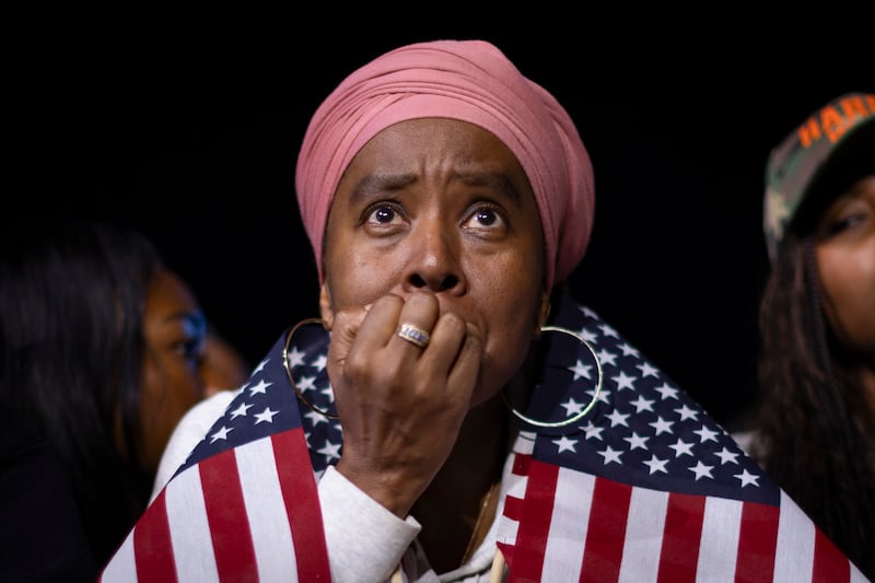 Raynell Jackson reacts during an election night event for Kamala Harris at Howard University in Washington, DC. Photograph: Maansi Srivastava/The New York Times
                      