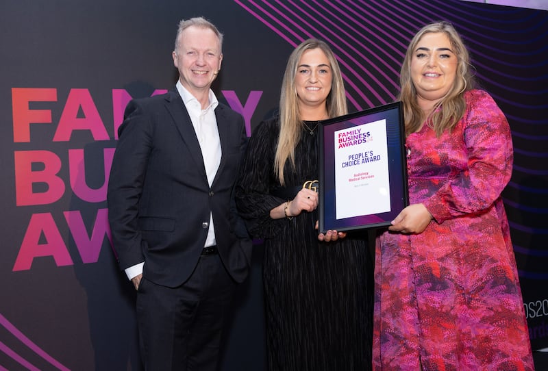 Matt Cooper, Today FM presenting the winners of People’s
Choice Awards - Munster Audiology Medical Services - Jessica Lewis, Rebecca Lewis. Photograph: Paul Sherwood