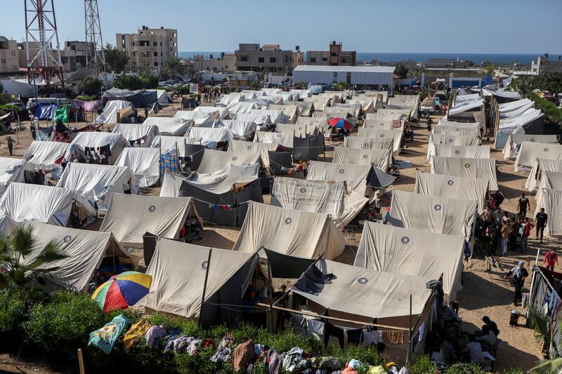 Tents provided by the United Nations for people who fled their homes as a result of Israeli airstrikes, in the Khan Younis Training Centre in the southern Gaza Strip. Photograph: Yousef Masoud/The New York Times
                      