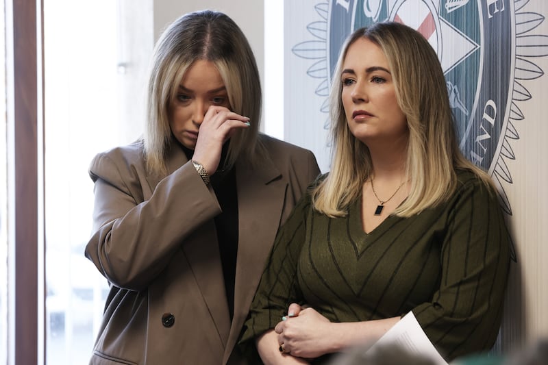 Lisa Dorrian's sisters Michelle (left) and Joanne, during an appeal on the 20th anniversary of Lisa's disappearance, at PSNI headquarters in Belfast. Photograph: Liam McBurney/PA Wire