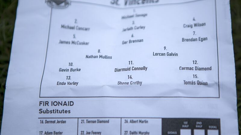 The St Vincent’s team sheet including Diarmuid Connolly, who did not play.   Photograph: Laszlo Geczo/Inpho