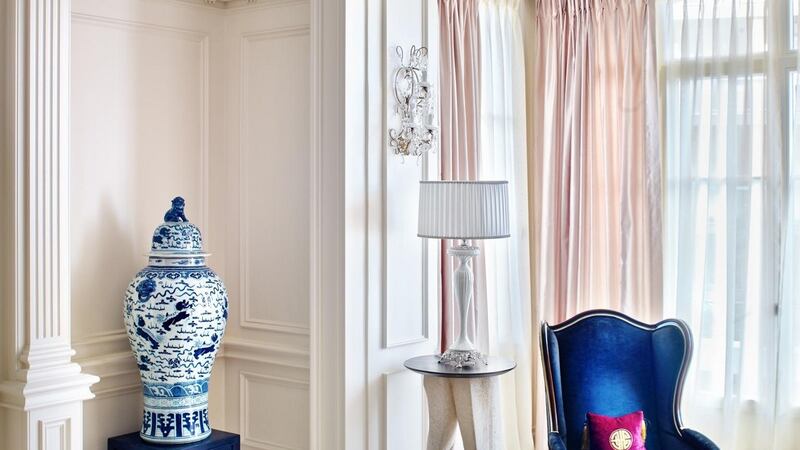 Here the privacy sheer curtains are made of 100 per cent pure silk chiffon, classically French pleated, from Jonmar.