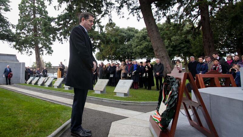 Minister for Public Expenditure and Reform Paschal Donohoe  lays a wreath at Glasnevin Trust Armistice Day commemorations at Glasnevin Cemetery, Dublin. Photograph: Gareth Chaney/Collins