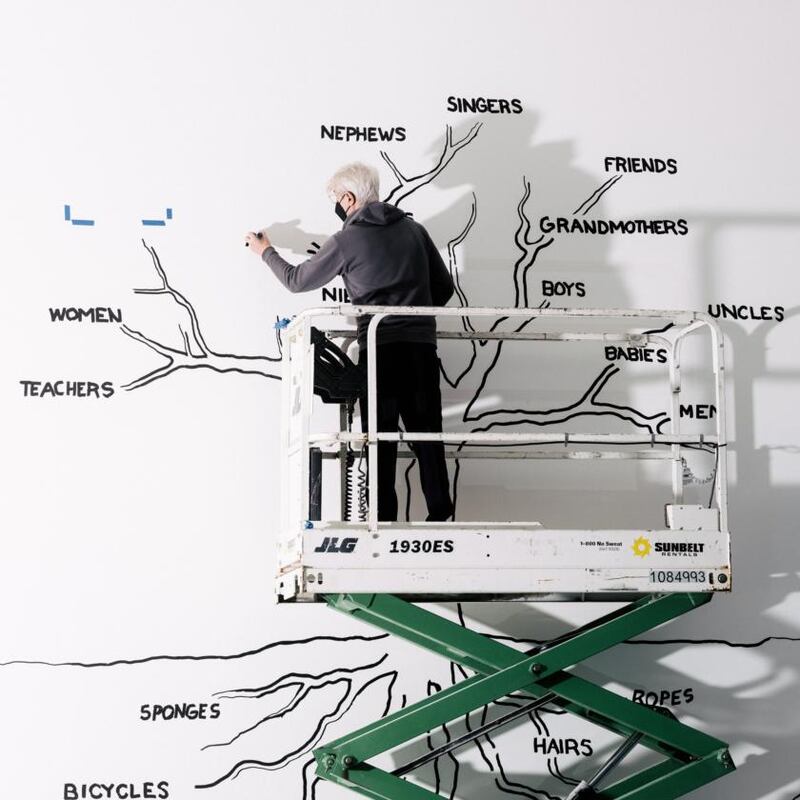 David Byrne installs one of his tree drawings, Human Content, at Pace Gallery in New York. Photograph: Mark Sommerfeld/The New York Times